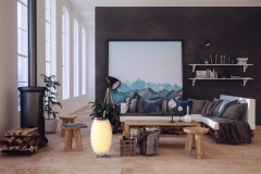 Trendy loft conversion with black divider wall and a living area with comfortable sofa, freestanding stove and mountain artwork lit by a row of windows. 3d render.